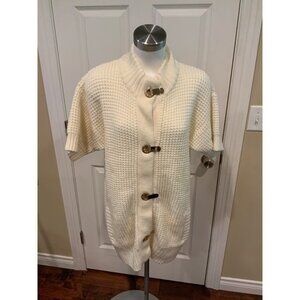 Michael Kors White Chunky Knit Short Sleeve Gold Buckle Cardigan, Size Large